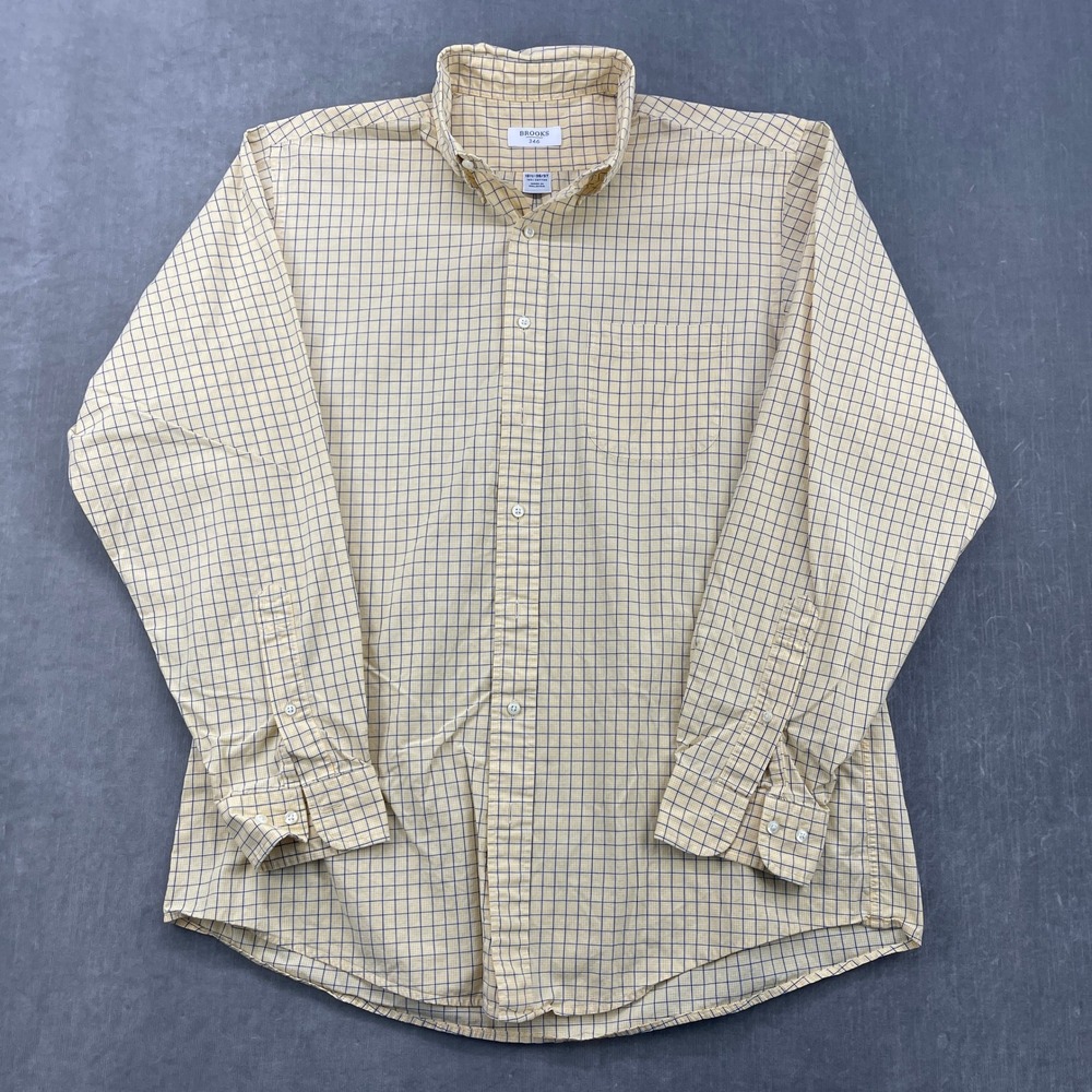 Brooks 346 Mens 16.5 36/37 Yellow Check Button‎ Down Shirt Long Sleeve Cotton